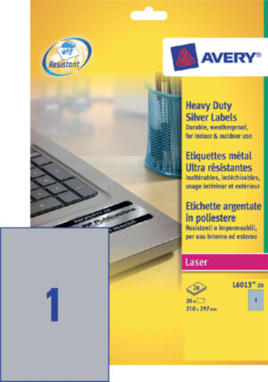 ETIKET AVERY L6013-20 210X297MM 20ST ZILVER